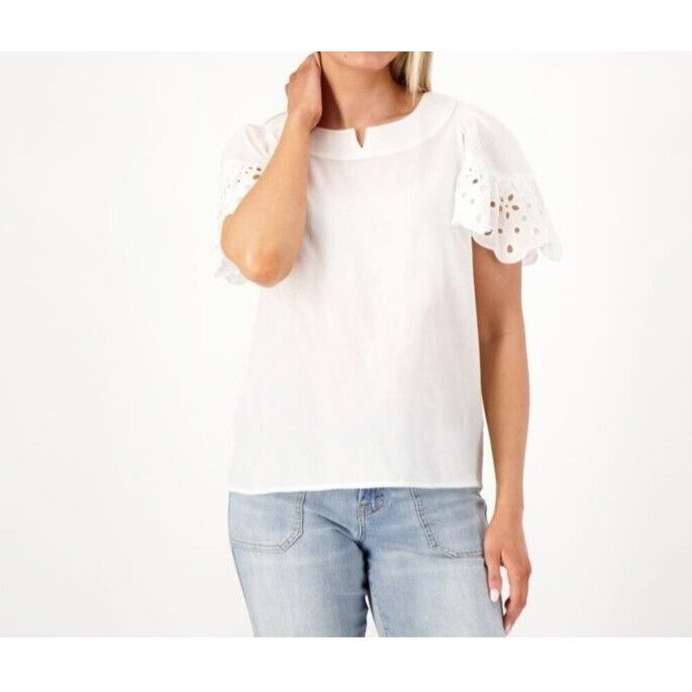 Isaac Mizrahi Cotton Size Small Split Neck White Embroidered Blouse A599140 NWOT